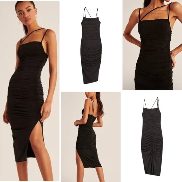 NWOT A&F Asymmetrical Strappy Ruched Midi Dress in Black, Size XSP (Petite) - Picture 1 of 8